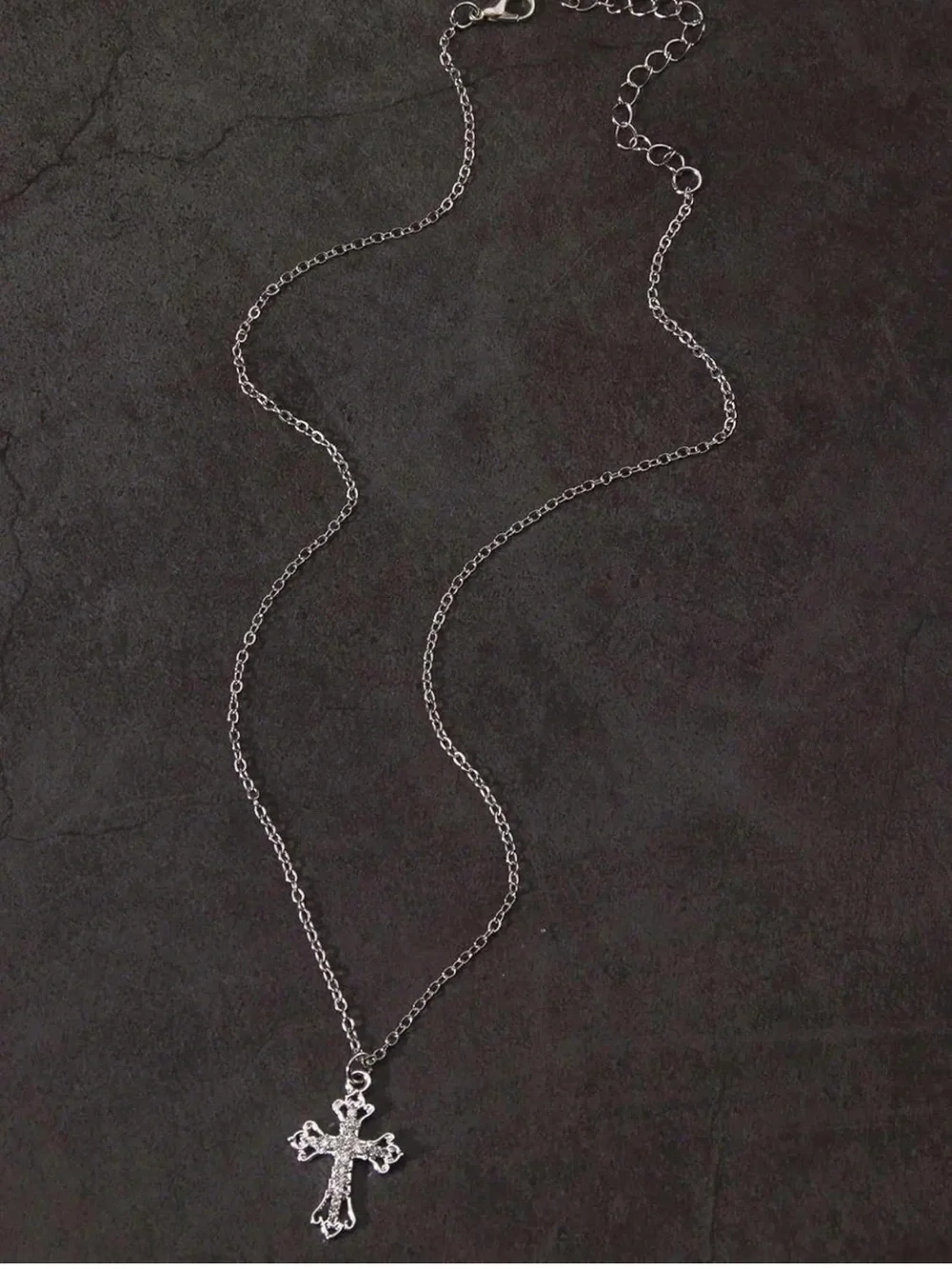 Silver Tone Cable Chain Necklace. Vintage Rhinestone Cross Pendant Necklace